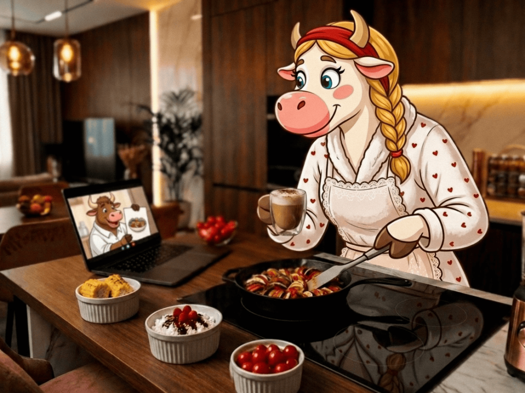 С КОРОВКОЙ И БЫЧКОМ, какие блюда приготовить для нее, рецепт мужской, ужин для себя, изображение ИИ.png